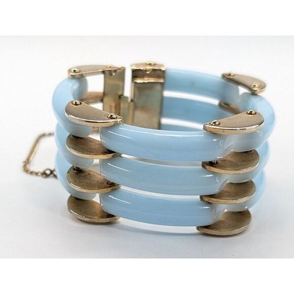 VTG Vargas Blue Crackle Lucite Wide Link 3 Row Gold Tone Hinged Bracelet 7" - Picture 4 of 6